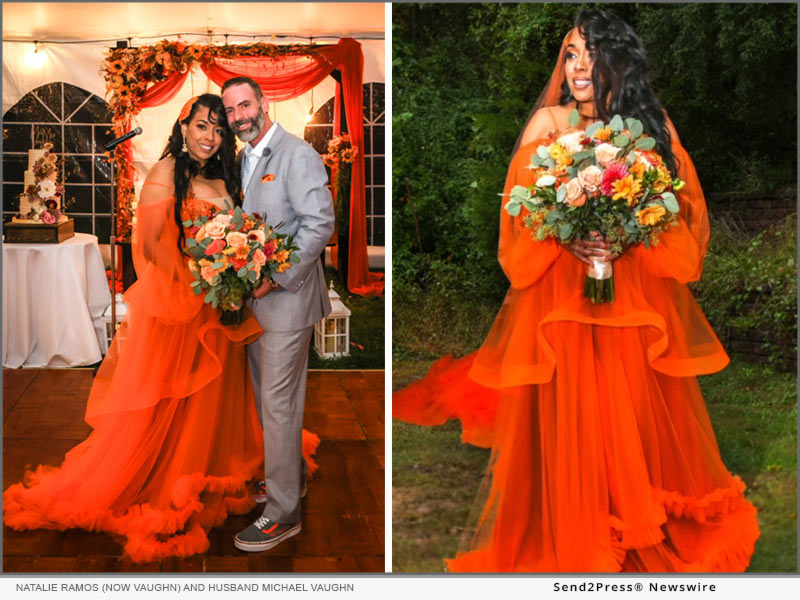 Natalie Ramos (now Natalie Vaughn) in her very orange dress and new husband Michael Vaughn
