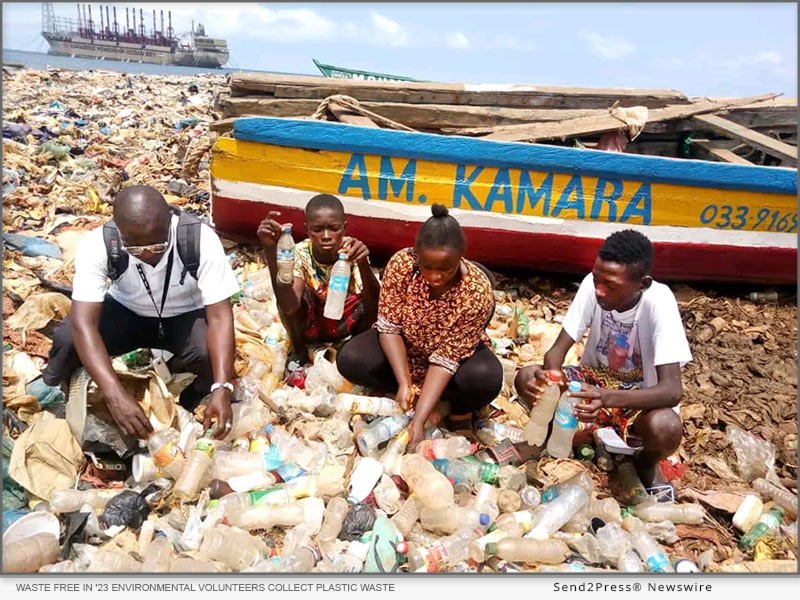 Waste Free in '23 environmental volunteers collect plastic waste littering the shores of Sierra Leone