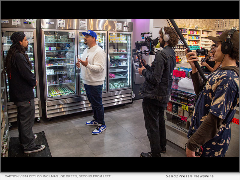 Vista City Councilman Joe Green, second from left, discusses with Moggie Paz, budtender from Off The Charts Dispensary