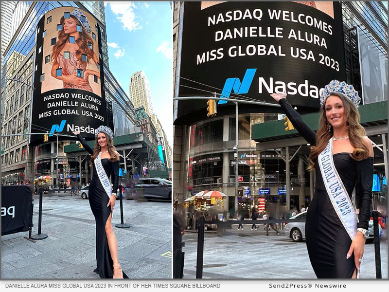 Danielle Alura Miss Global USA 2023 in front of her billboard in Times Square, NYC