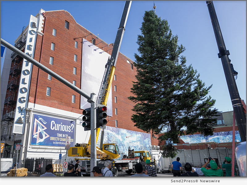Carefully craning the tree into place next to the Church of Scientology Los Angeles Information Center
