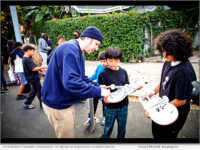 Steve Berra donated skateboards and skate shoes to kids at a toy giveaway organized by the Church of Scientology Celebrity Centre
