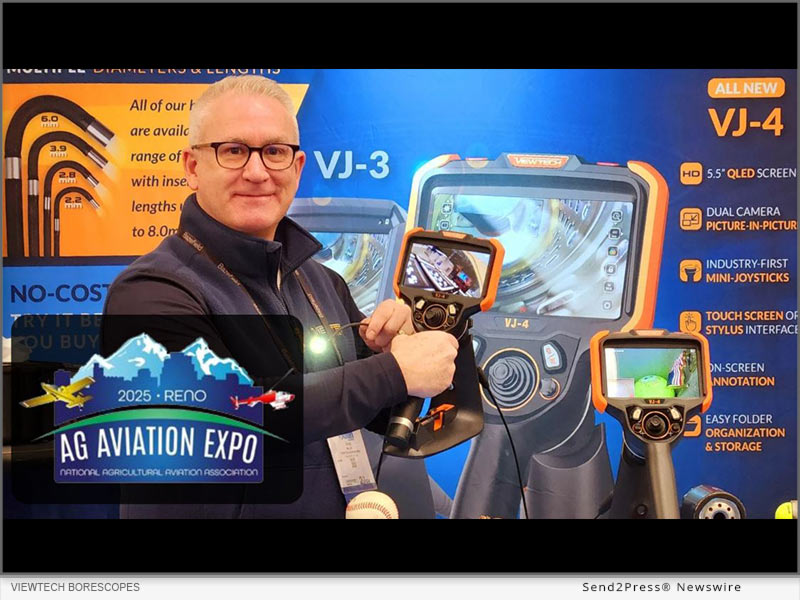 NAAA Ag Aviation Expo exhibitor ViewTech Borescopes representative and the VJ-4 video borescope.