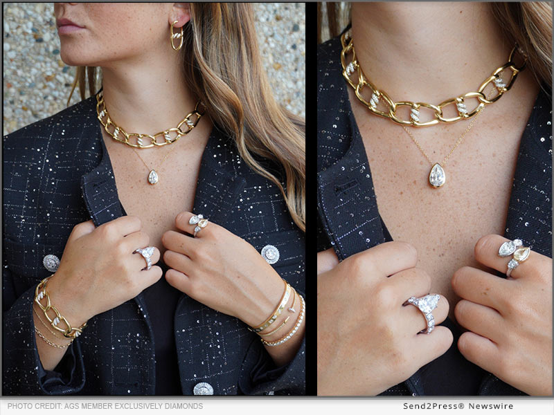 This photo is from AGS member Exclusively Diamonds, who is participating in Find a Jeweler Week, featuring layers of bold gold links, sparkling diamond bangles, and statement rings.