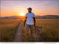 Chris Williams walking beside a cheetah at sunrise in a grassland, AI-generated scene inspired by East Africa.