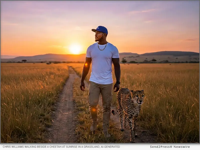 Chris Williams walking beside a cheetah at sunrise in a grassland, AI-generated scene inspired by East Africa.