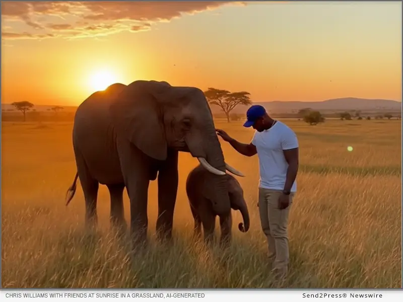 Chris Williams with friends at sunrise in a grassland, AI-generated scene inspired by East Africa.