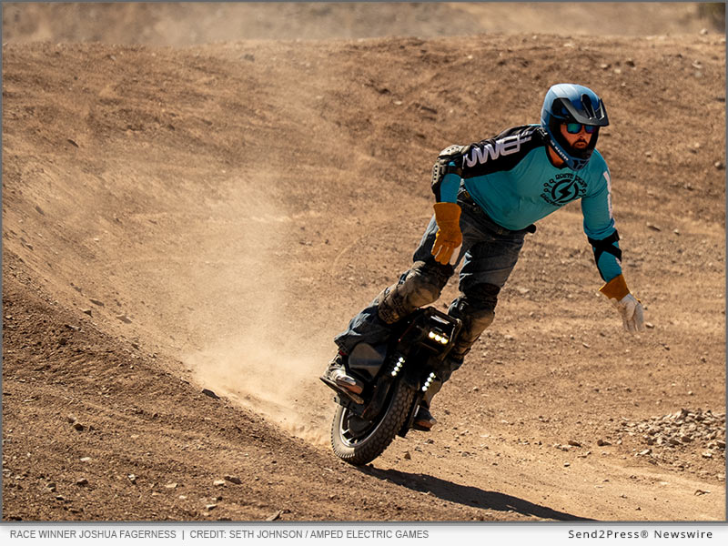 Race winner Joshua Fagerness carves a berm on his KingSong F18 electric unicycle at Let It Ride 5, Boulder City, Nevada, March 29, 2026. Fagerness claimed his first USA EUC National Championship Circuit victory of the 2026 season. Photo credit: Seth Johnson / Amped Electric Games.