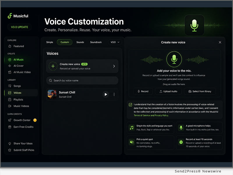 Voice customization feature interface allowing users to create AI-generated voice profiles from recorded audio, uploads, or Musicful-generated vocals.