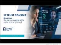 Secured Signing ID Trust Console – Person Looks at Analysis of Deepfake Detection And Confirms The Person Is Authentic. (Image generated with AI.)