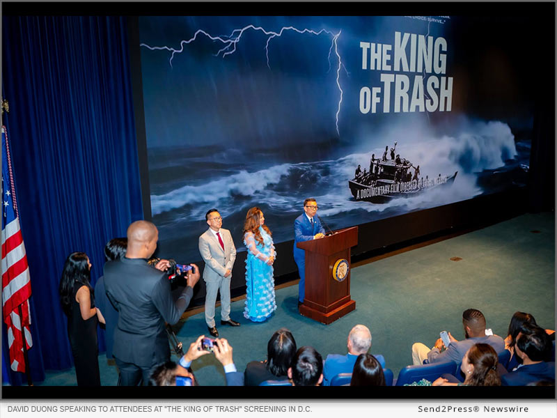 David Duong speaking to attendees at 'The King of Trash' screening at the United States Navy Memorial in Washington, D.C.