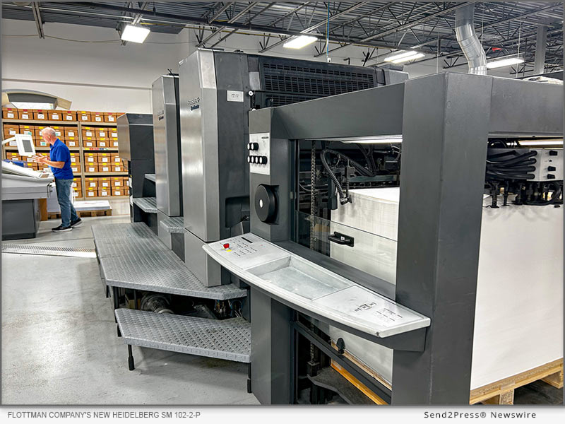 Flottman Company's new Heidelberg SM 102-2-P in production at the Crestview Hills facility, running sheets up to 28" x 40" at speeds up to 13,000 per hour.