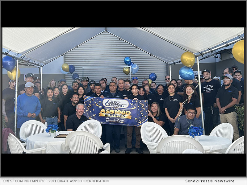 Crest Coating employees gather at the company’s Anaheim, Calif., facility to celebrate earning AS9100D certification.
