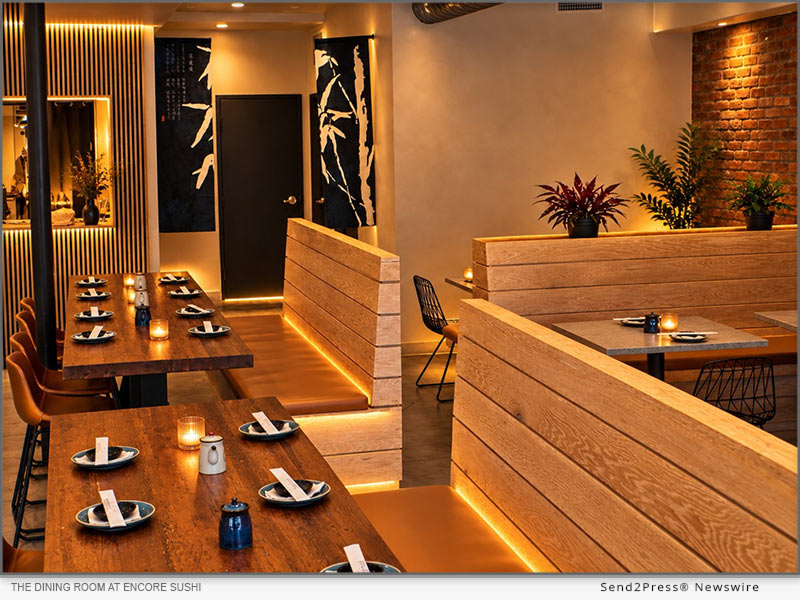 The dining room at Encore Sushi, a 42-seat upscale casual sushi restaurant